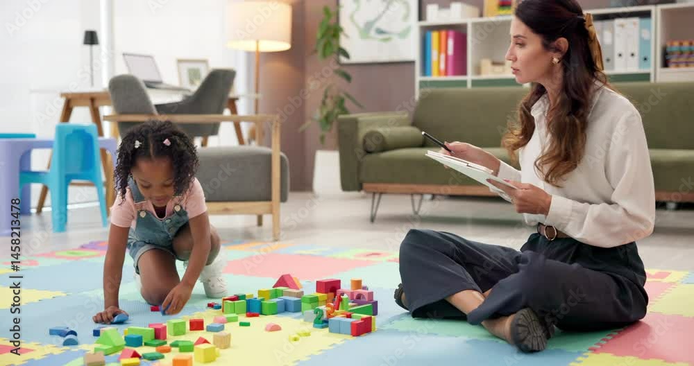 Aufkleber teaching, woman or child in assessment at school, creative learning and classroom for girl or growth