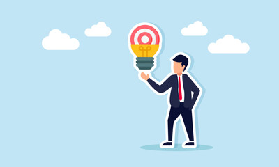 Businessman holding glowing light bulb with dollar sign, illustration of business idea for financial investment management