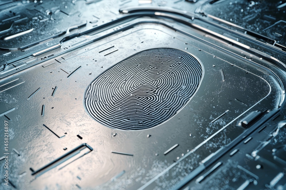 Poster metallic fingerprint scan on futuristic circuit board