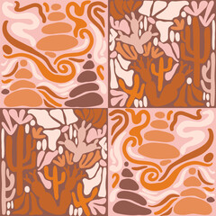 Art nouveau landscape seamless pattern with cactus and balanced stone cairns, Matisse's vibes and mosaic aesthetics. Tile seamless pattern in groovy 60s 70s vibes.