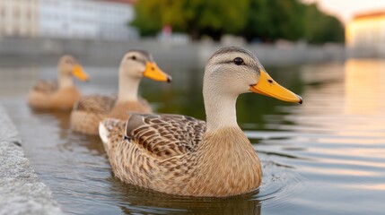 Obraz premium A serene scene of ducks swimming gracefully in calm water, surrounded by lush greenery, perfect for nature lovers and wildlife enthusiasts.