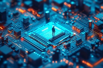 Miniature Figure on Illuminated Circuit Board