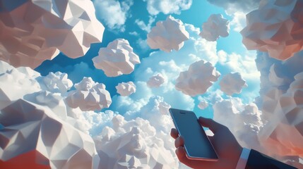 Hand holding phone amidst abstract clouds