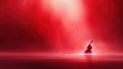 A cello stands alone, the surrounding atmosphere is covered in red.