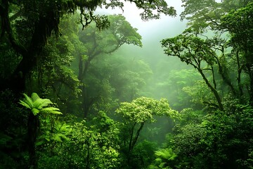 Misty Rainforest with Lush Green Canopy.