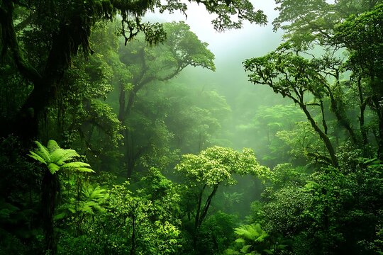 Fototapeta Misty Rainforest with Lush Green Canopy.