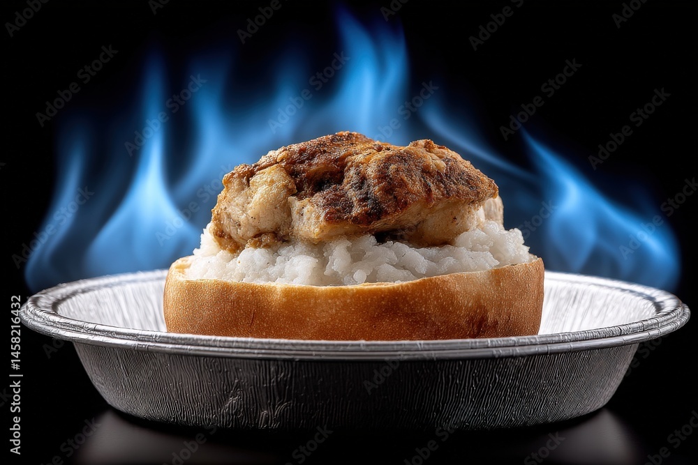 Poster grilled chicken fillet served on a bed of fluffy rice in a silver dish with blue flames in the backg
