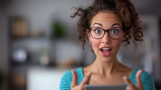 A surprised young woman with curly hair and glasses joyfully reacts while looking at her tablet in a cozy indoor setting.