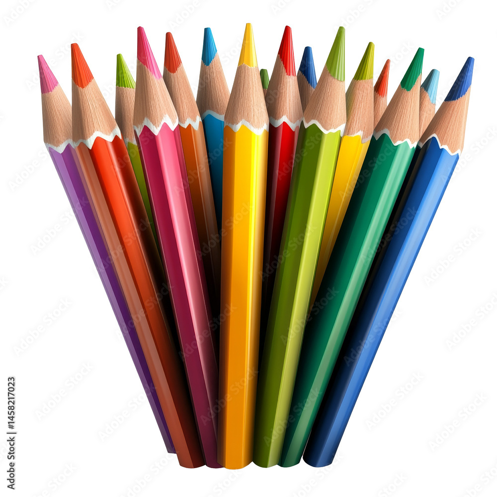 Poster a vibrant collection of colored pencils arranged in a fan shape on a transparent background showcasi