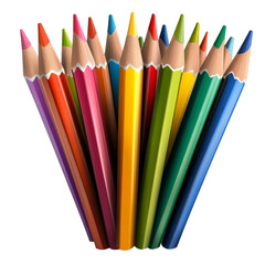 Fototapeta premium A vibrant collection of colored pencils arranged in a fan shape on a transparent background showcasing various colors, of colored pencils, file of isolated object with shadow on transparent background