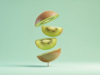 Kiwi Fruit Segments Stacked on Light Green Background Food Still Life