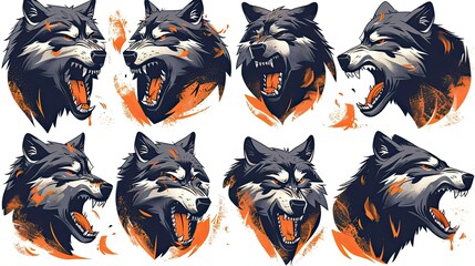 Diverse portrayals of a ferocious canine head in various expressions.