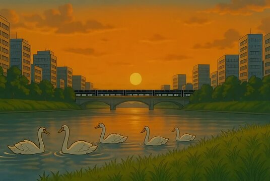 sunset over the river. 80s retro oldschool lofi japan cartoon anime style