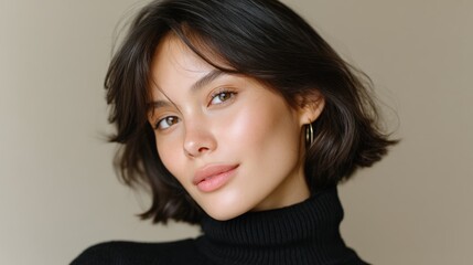 Fototapeta premium A young woman with short hair and a black turtleneck sweater, exuding confidence and style against a neutral background.