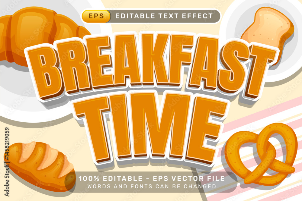 Poster breakfast time text effect and editable text effect with bread illustration
