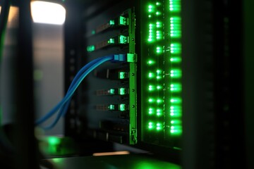 Intricate Server Rack with Glowing Green Lights