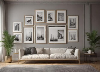 Chic gallery wall mockup; various frame sizes, orientations, modern decor,  apartment,  frames,  photos