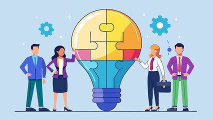 "Business Discussion Concept: Diverse Professionals in Suits Collaborating on Idea Represented by Puzzle Piece Light Bulb – Flat Style Vector Illustration"