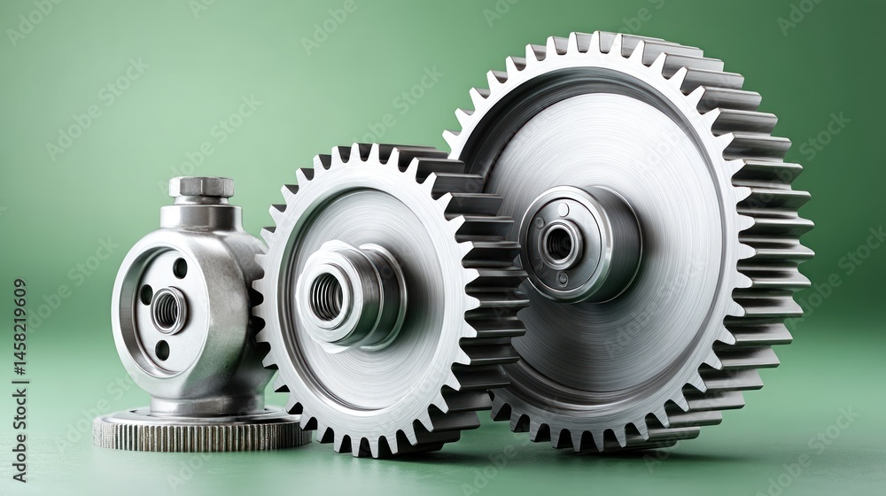 Poster Close-up view of mechanical gears on a green background, showcasing precision engineering and intricate design.