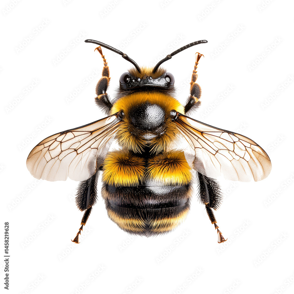 Poster detailed view of a bee isolated on a transparent background showcasing its features and colors, cold