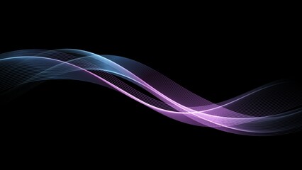 Abstract waves of light blue and purple lines flowing across a black background design element