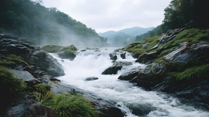 Majestic waterfall cascading over rocks serene river valley nature photography misty mountains landscape view tranquility