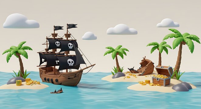 3d cute cartoon illustration, cartoon seascape with shipwrecked sailboat, skull on black sails, palm trees, gold coins, treasure chest, and broken pirate ship on uninhabited island, pastel style