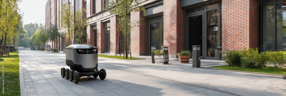 Poster smart delivery robot navigates a quiet sidewalk in a modern urban environment during daylight hours 