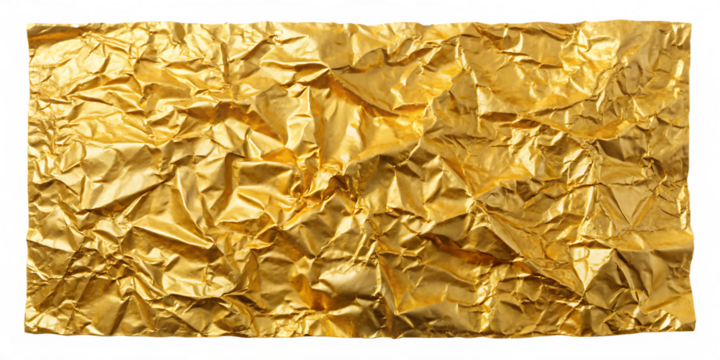 A sheet of crumpled gold foil or wrapping, with a textured, shiny surface, isolated on a white background