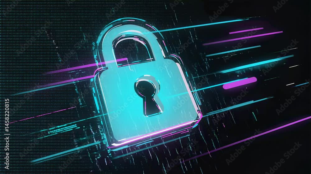 Poster Cybersecurity Animated Padlock with Glitch Effects