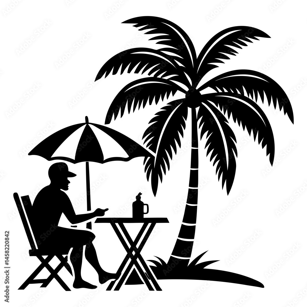 Poster silhouette of man relaxing on beach under umbrella with palm tree vector graphic illustration design