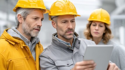 Team of engineers collaborating on a project in a construction site, using a tablet for planning and communication.