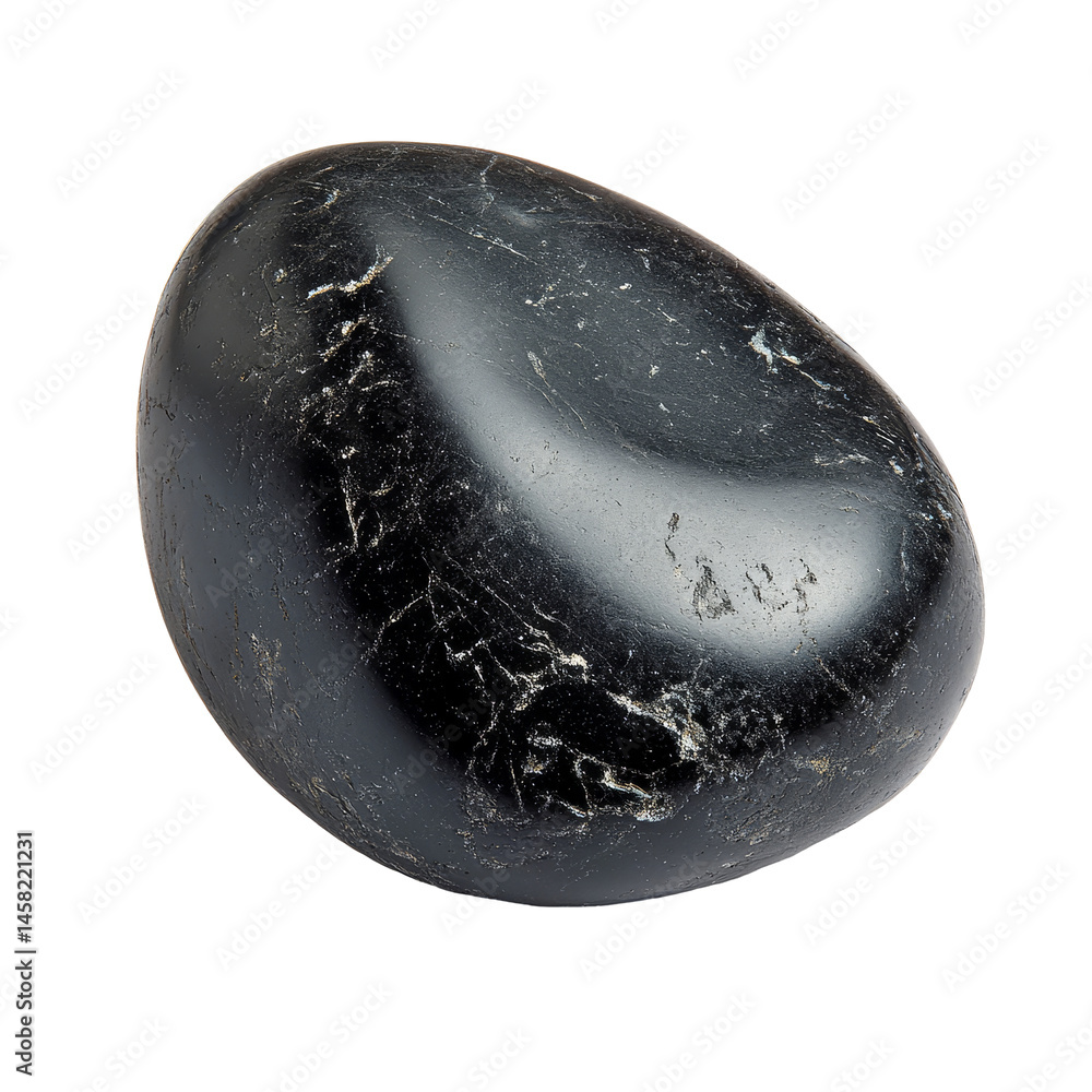 Poster a single black pebble rests on a clean transparent background, showcasing its smooth texture and nat