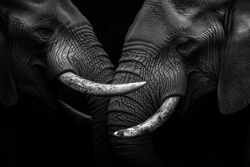 Elephantine Encounter: A close-up of two elephants with interlocking tusks