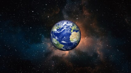 Earth globe view from space with stars and nebula in the background in a cosmic depiction
