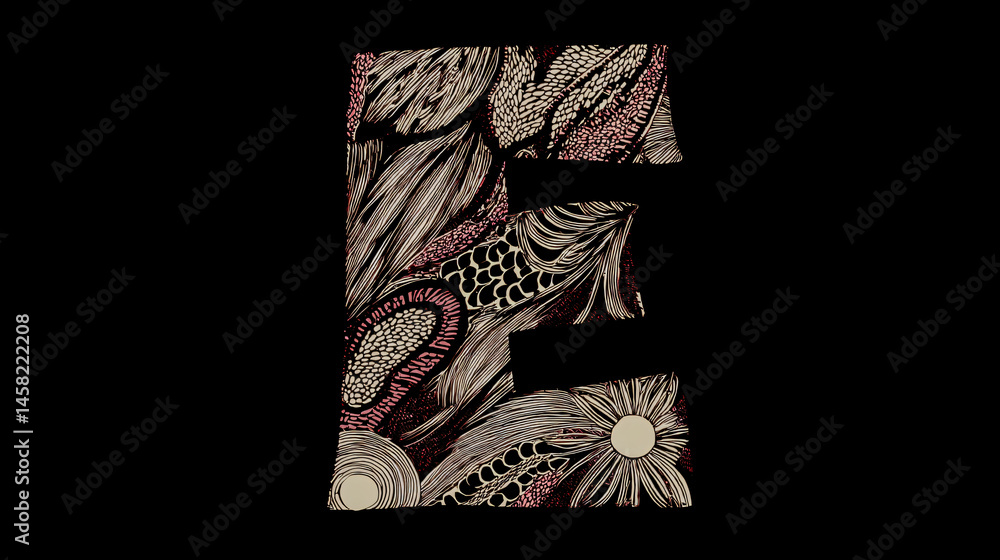 Poster artistic interpreting of the letter e, filled with intricate patterns, designed for graphic utilizat