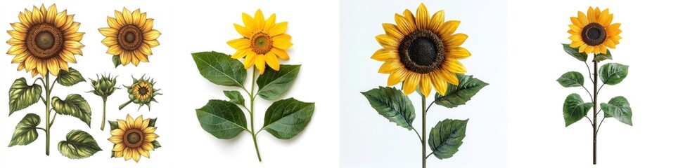 Obraz premium Sunflower with leaves, isolate on white background. Set Collection.