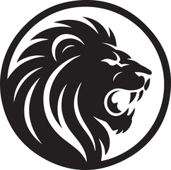 Lion head in circle, roaring lion symbol, wild lion head illustration, circle lion vector design, king of jungle graphic, powerful lion face silhouette, animal logo icon