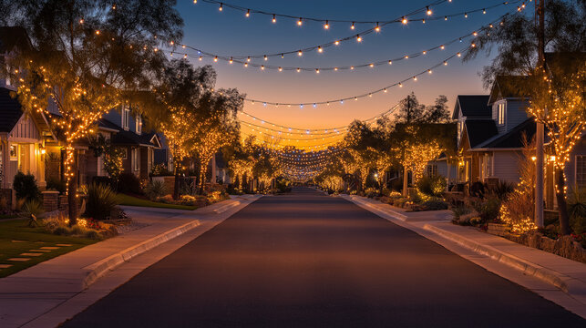 Twilight Serenade: A picturesque street scene bathed in the soft glow of illuminated string lights, casting a warm ambiance over the houses. The houses stand in tranquil harmony.