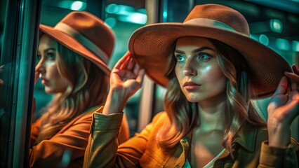 Woman Adjusting Wide Brim Hat at Airport Window