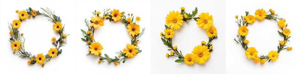 Yellow daisies arranged in a wreath frame, isolate on white background. Collection.