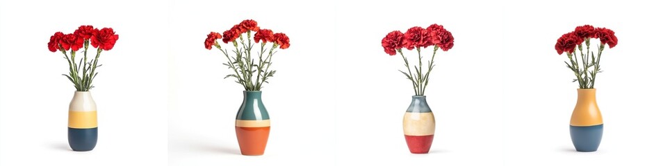 Obraz premium A bunch of red carnations in a colorful vase, isolate on white background. Collection.
