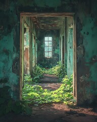 Post-Anthropocene Living corridor covered in dust, peeling concrete, and greenery pushing through industrial decay Regenerative Bio-Integrated Interiors Speculative Neo-Human Environments