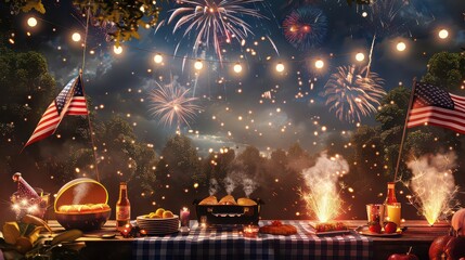 A fourth of july celebration with american flags fireworks and a picnic table full of food and drinks