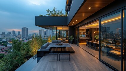 Modern penthouse balcony city view evening
