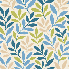 Seamless vector pattern featuring stylized branches with leaves in blue, green, and beige hues on a light background. Simple, elegant botanical illustration for wallpaper, fabric, or backgrounds