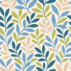 Gardinen Pflanzen Muster  Seamless vector pattern featuring stylized branches with leaves in blue, green, and beige hues on a light background. Simple, elegant botanical illustration for wallpaper, fabric, or backgrounds  © sameul
