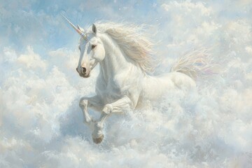 Obraz premium Majestic White Unicorn Leaping Through Soft Fluffy Clouds
