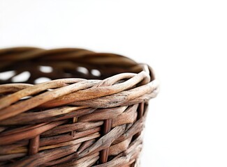 Close-up of a hand-woven wicker basket's edge showcasing texture against white