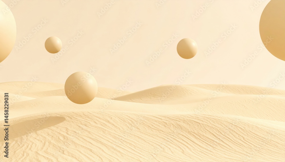 Poster floating spheres in a serene desert abstract art digital environment minimalistic viewpoint modern c
